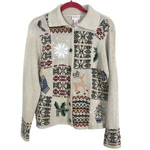Retro Christmas Sweater Knit Tan S Beaded Festive Holiday Embroidery Boho 80s